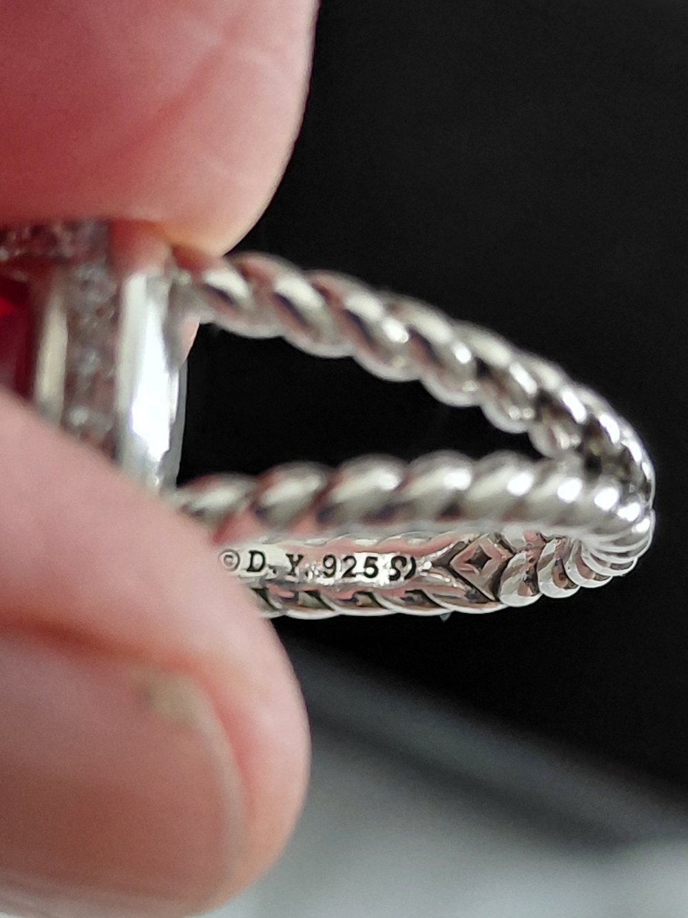 David Yurman Silver Ring with Red Cushion Gemstone and Pavé Halo - Picture 4 of 4